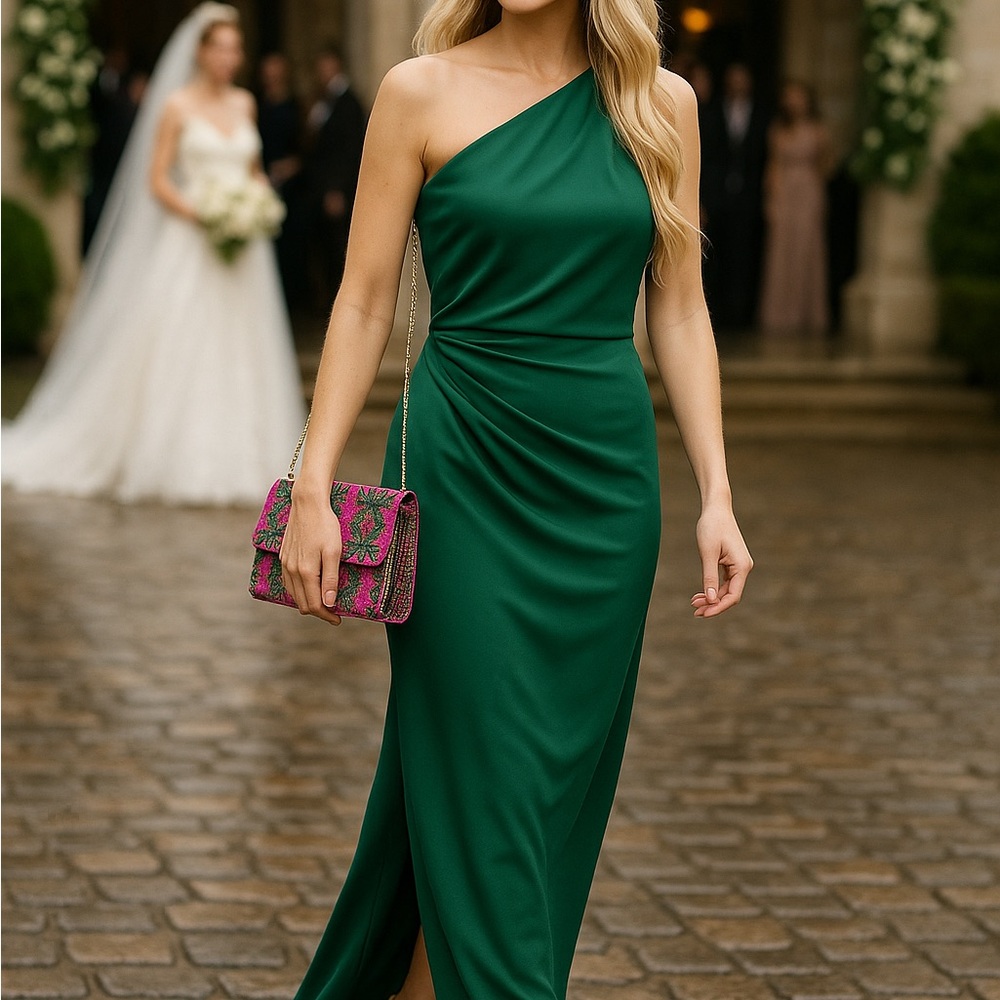 Elegant One-Shoulder Emerald Dress